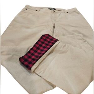 Woolrich Women's Khaki Straight Leg Cotton Pants with Red Plaid Flannel Lining